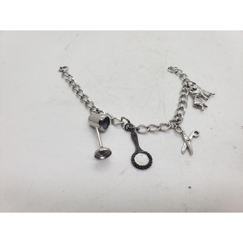 Vintage Silver Tone Charm Bracelet Scissors Mirror Hand Glove Stethoscope 7 Inch